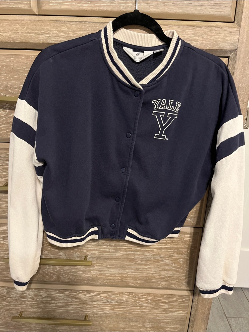 H&M Navy and White Yale Letterman Bomber Jacket Kids Size 16/18